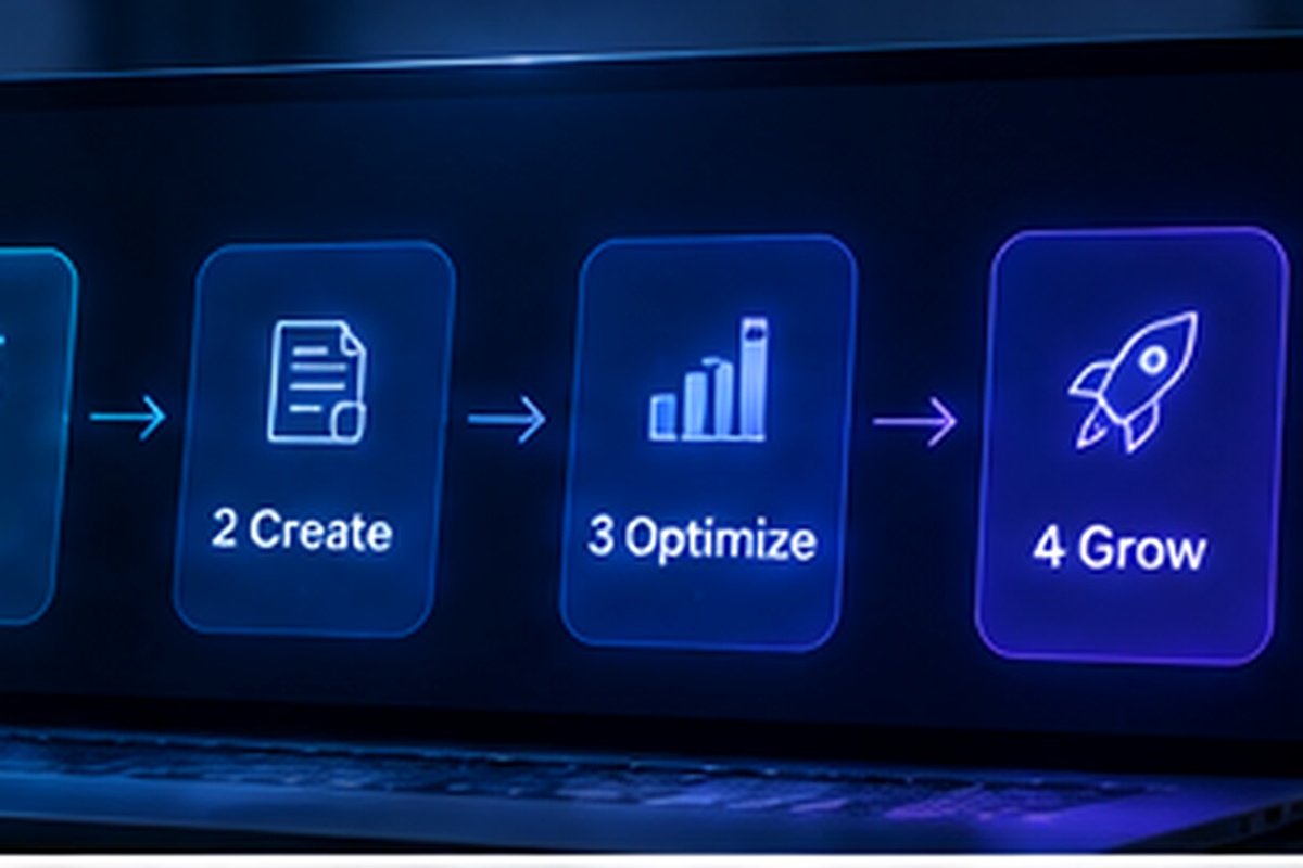 Four-step process graphic: create, optimize and grow an AI ad campaign