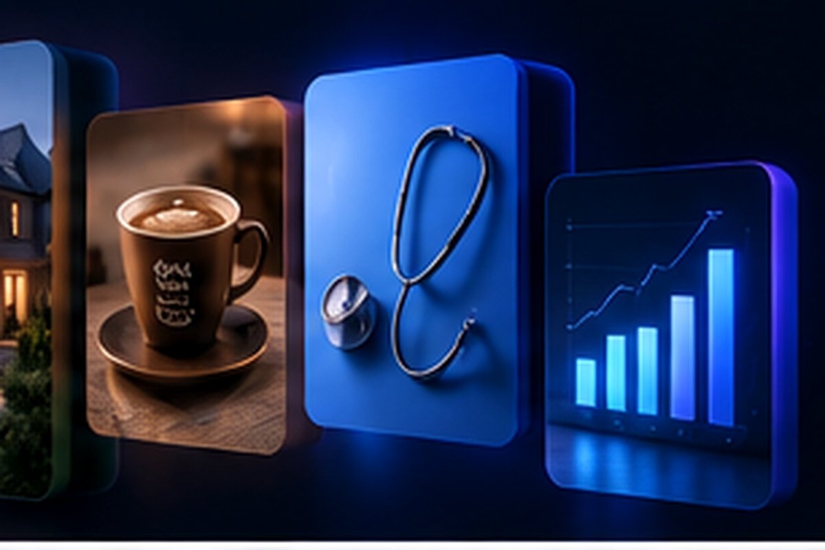Three product cards for coffee, dental and analytics representing different industries