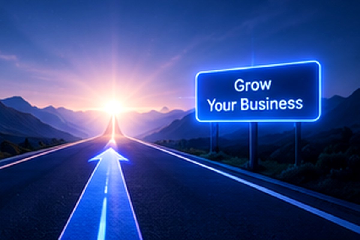 A dark highway at dawn with a neon sign that reads Grow Your Business