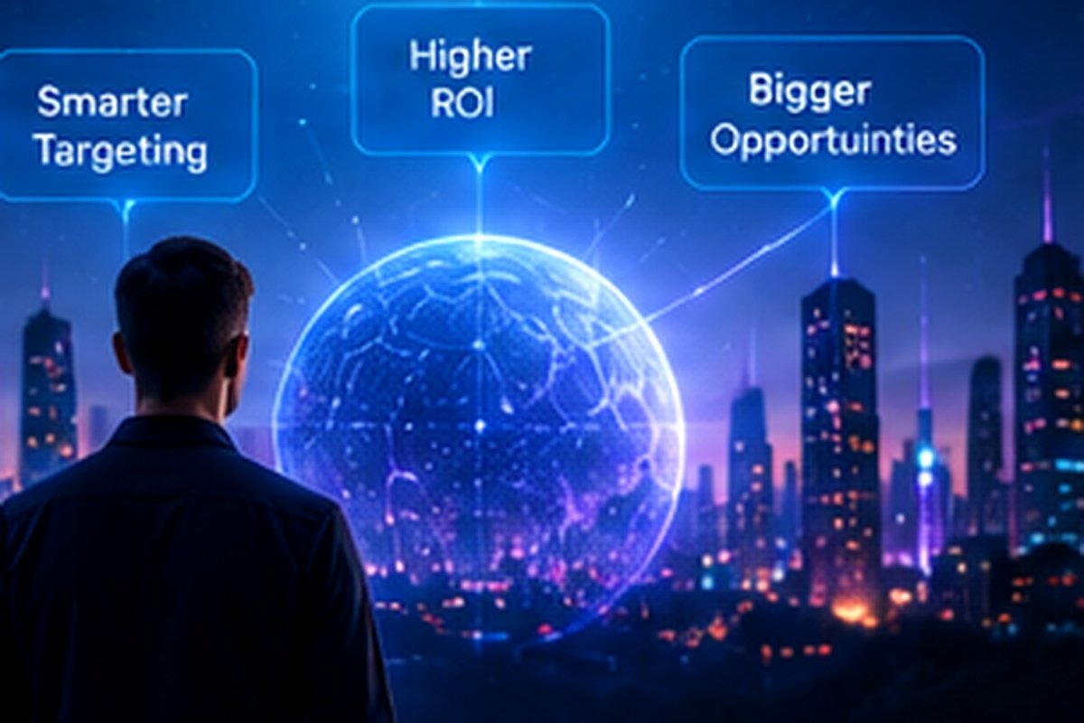 A person viewing a data globe with labels for smarter targeting and higher ROI