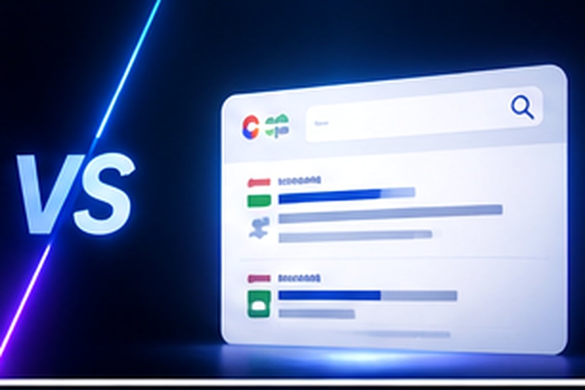 Split graphic comparing AI advertising with traditional Google search results